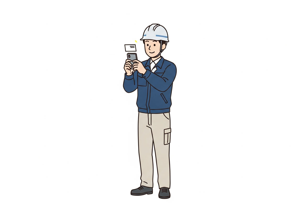 現場監督がスマホで名刺を撮影しているシーン