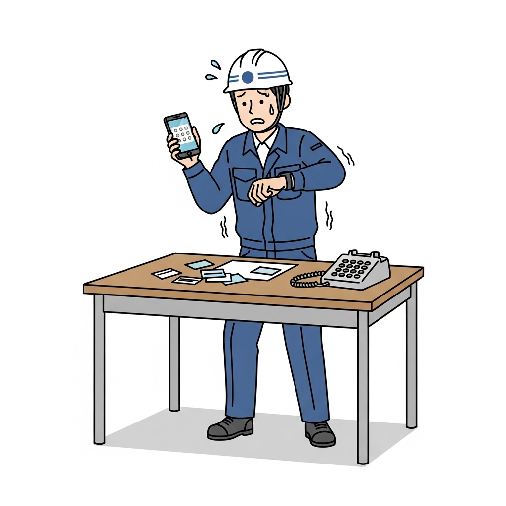 急いで業者に連絡したいのに名刺が見つからず焦る監督